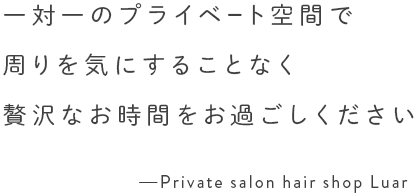 一対一のプライベート空間で周りを気にすることなく贅沢なお時間をお過ごしください Private salon hair shop Luar